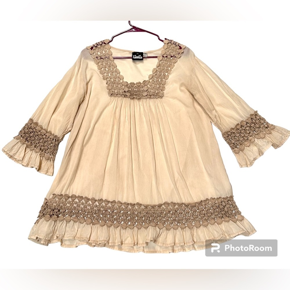 Coastal Cowgirl Noelle Beige & Cream Lace Crochet BOHO Hippie Peasant Blouse XXL